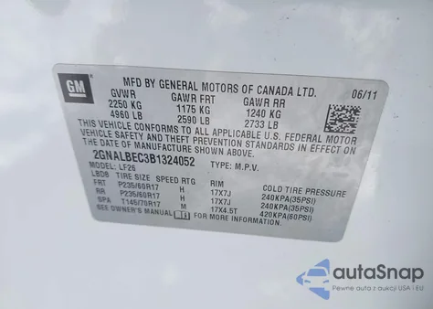 2011 Chevrolet Equinox Ls z USA, uszkodzony, nr VIN 2GNALBEC3B1324052